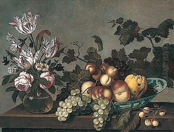 Still Life Of Peaches, Grapes And A Pear In A Blue And White Porcelain Bowl, Together With Variegated Tulips And Roses In A Glass Vase, Arranged Upon A Stone Ledge - view 1