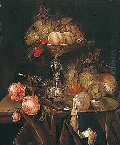 Still Life Of Fruit In A Silver Tazza Together With Grapes, Bread, Roses, A Wine Glass And A Peeled Lemon On A Pewter Dish, All Arranged On A Ledge Draped With A Brown Cloth - view 1