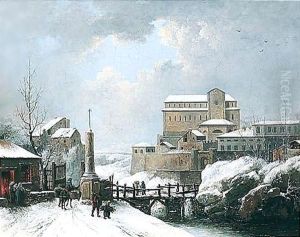 A Winter Landscape With Figures Crossing A Bridge Near A Monastery by Jules Cesar Denis van Loo