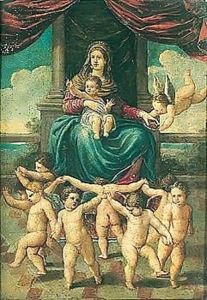 The madonna and child enthroned, with putti dancing in the foreground by Girolamo da Carpi