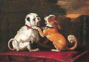 Two Dogs Playing On A Red Cushion by Abraham Danielsz. Hondius