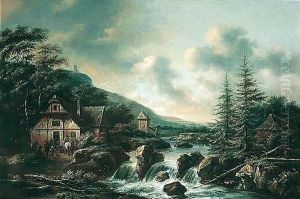 Scandinavian Landscape With Figures Outside A Tavern By A Waterfall