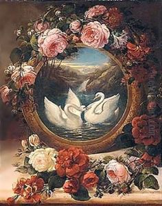 A Painting Of Swans In A River Landscape Encircled With Roses by Siegfried Detler Bendixen