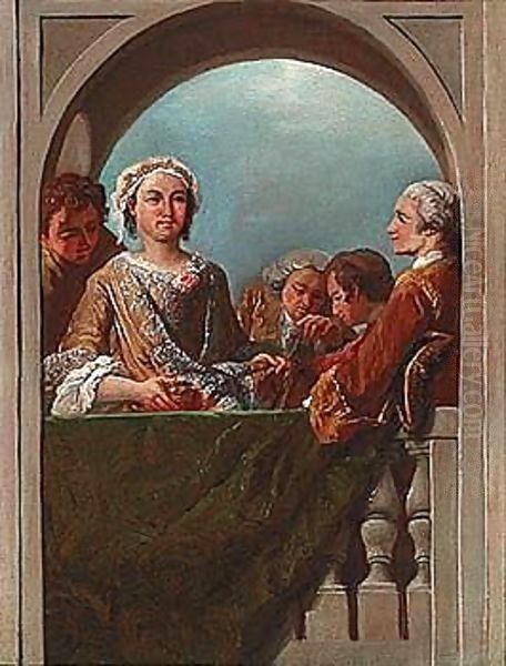 Elegant figures on a balcony - view 1