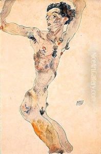 Male nude with raised arms - self-portrait by Egon Schiele