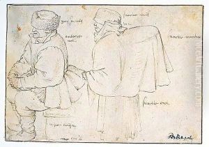 A seated peasant and a standing peasant woman with a basket on her back