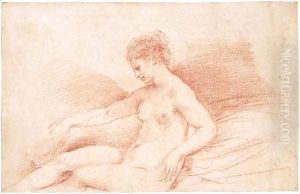 A female nude seated on a bed, her elbow resting on a cushio by Giovanni Francesco Barbieri