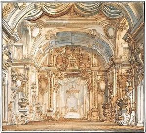 A stage design for a fantastical royal bedroom by Antonio Galli Bibiena