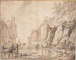 Unloading Boats In A Rocky Bay by Herman Saftleven