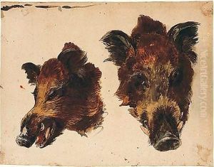 Two Studies Of A Boars Head by Jean-Baptiste Huet