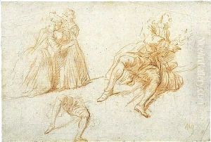 Study of two girls playing hide-and-seek and a study of a seated man and separate study of his legs by Nicolas Lancret