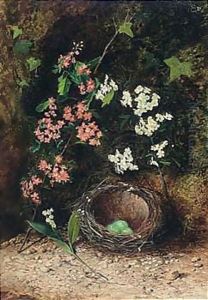 Still Life Of Birds Nest With Primulas And Blossom