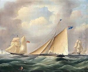 A Cutter And Other Shipping Near A Lighthouse by James E. Buttersworth