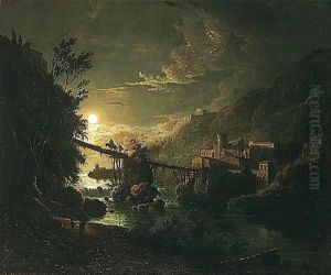 Moonlit River Landscape With Figures Crossing A Bridge by Abraham Pether
