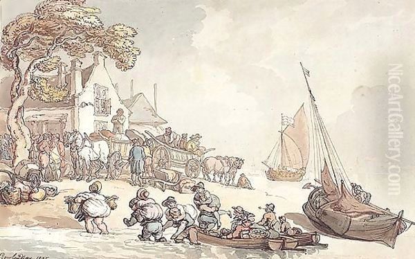 Figures Unloading Fishing Boats On The Shore - view 1