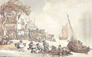 Figures Unloading Fishing Boats On The Shore by Thomas Rowlandson