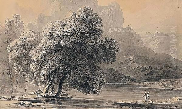 Figures By A Lake With A Mountain Beyond - view 1