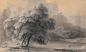Figures By A Lake With A Mountain Beyond by John Martin