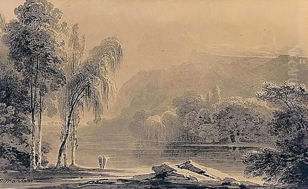 Figures By A Lake With A Classical City On A Hilltop Beyond - view 1