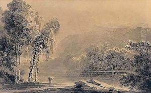 Figures By A Lake With A Classical City On A Hilltop Beyond by John Martin