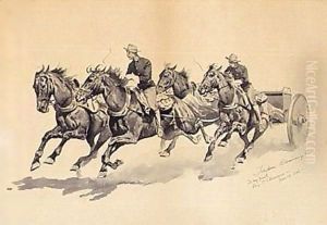 Team of calvary horses pulling a caisson by Frederic Remington