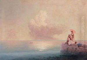 Elegant ladies fishing at the water's edge by Ivan Konstantinovich Aivazovsky