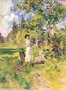 Young ladies gathering flowers by Konstantin Alexeievitch Korovin