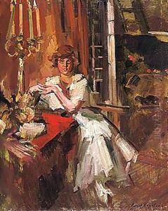 Young girl in an interior by Konstantin Alexeievitch Korovin