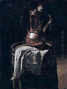 Pichet De Cuivre Et Serviette Sur Un Tonneau
