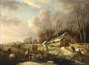 A Winter Scene With Skaters On A River, Two Children Sleigh Riding On A by Andries Vermeulen