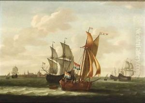 A Kaag, Small Cargo Ships And Other Vessels On The Zuiderzee With A View