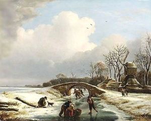 A Winter Landscape With Figures Skating Near A Windmill by Andries Vermeulen
