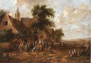 A Village Scene With Figures Smoking And Drinking Outside An Inn