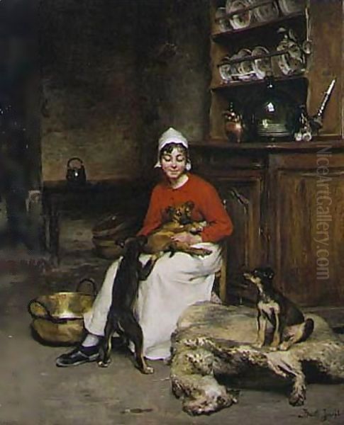 The Kitchen Maid With Three Puppies - view 1