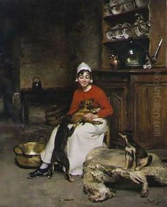 The Kitchen Maid With Three Puppies by Claude Joseph Bail