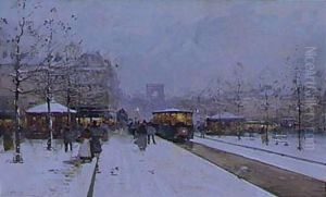 La Fete De Neuilly And Paris In The Snow, Porte Maillot A Pair by Eugene Galien-Laloue