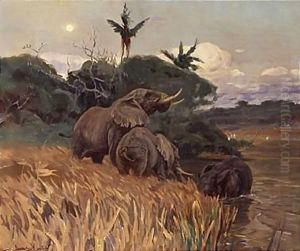A Herd Of Elephants By Moonlight