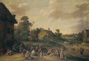 A Landscape With Peasants Merrymaking Outside An Inn by Joost Cornelisz. Droochsloot