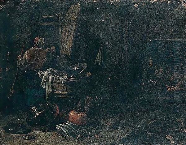 Domestic Interior With A Figure Sweeping, A Maid Spinning By A Fire Beyond - view 1
