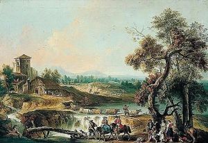 A river landscape with elegant travellers and other figures by a wooden bridge by Giovanni Battista Tiepolo
