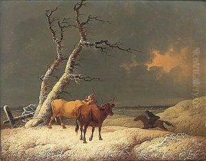 Horse and rider passing cattle in winter landscape by Joshua Shaw