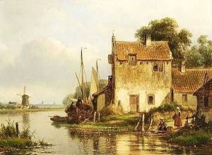 A River Landscape With Anglers And Washerwomen By A Town