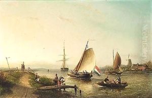A River Scene With Sailing Vessels And Figures On A Riverbank