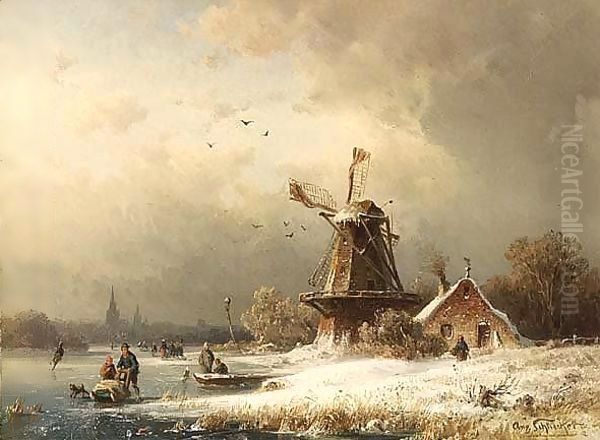 A Winter Landscape With Figures On A Frozen River - view 1