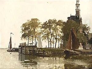 Moored Boats Near The Hoofdtoren, Hoorn by Johannes Christiaan Karel Klinkenberg