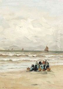 Fisherwomen On The Beach by Gerhard Arij Ludwig Morgenstje Munthe