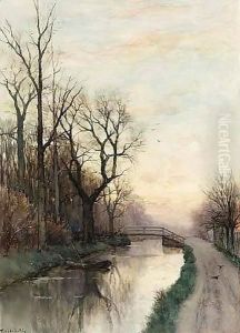 A Polder Landscape At Dusk by Fredericus Jacobus Van Rossum Chattel