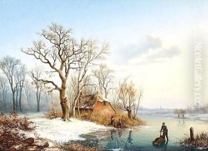 A Winter Landcape With Figures On A Frozen River by Paul Joseph Constantine Gabriel