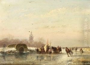 A Frozen Waterway With Skaters And A 'Koek En Zopie' by Andreas Schelfhout