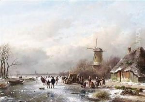 A Winter Landscape With Skaters Near A 'Koek En Zopie' by Andreas Schelfhout